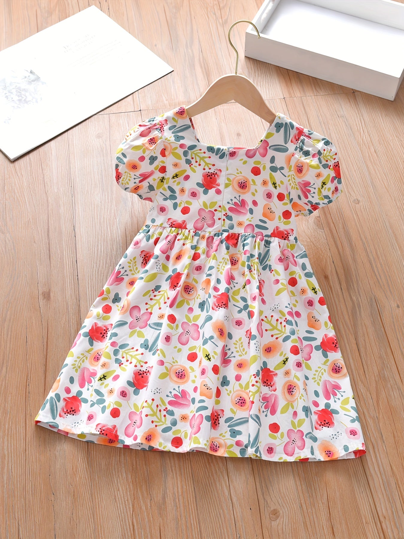 Toddler Girls Puff Sleeve Flowers Graphic Princess Dress