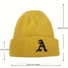 Windproof Knit Beanie Hat Embroidered with Letter A