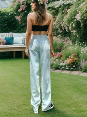 Sky Loose Fit Straight Jeans Mid Waist Slash Pockets Baggy Denim Pants