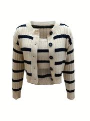 Stripe Pattern Knitted Two piece Set Long Sleeve Top & Crop Cami Outfits