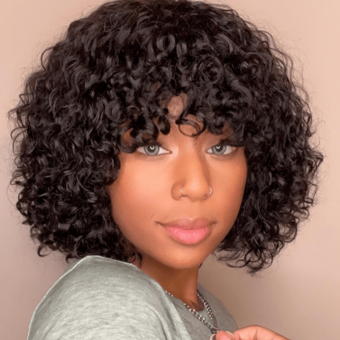 Long Lasting Kinky Curly Human Hair Wig with Bangs for Women