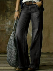 Loose Fit Straight Jeans Slash Pockets Baggy Denim Pants