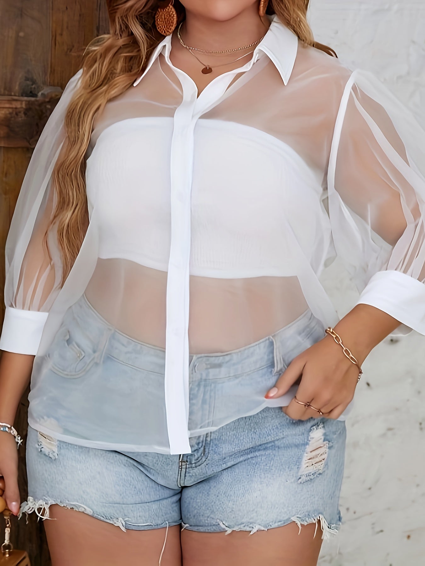 Sexy Outfit Set Solid Ruched Tube Bra & Sheer Long Sleeve Blouse Set