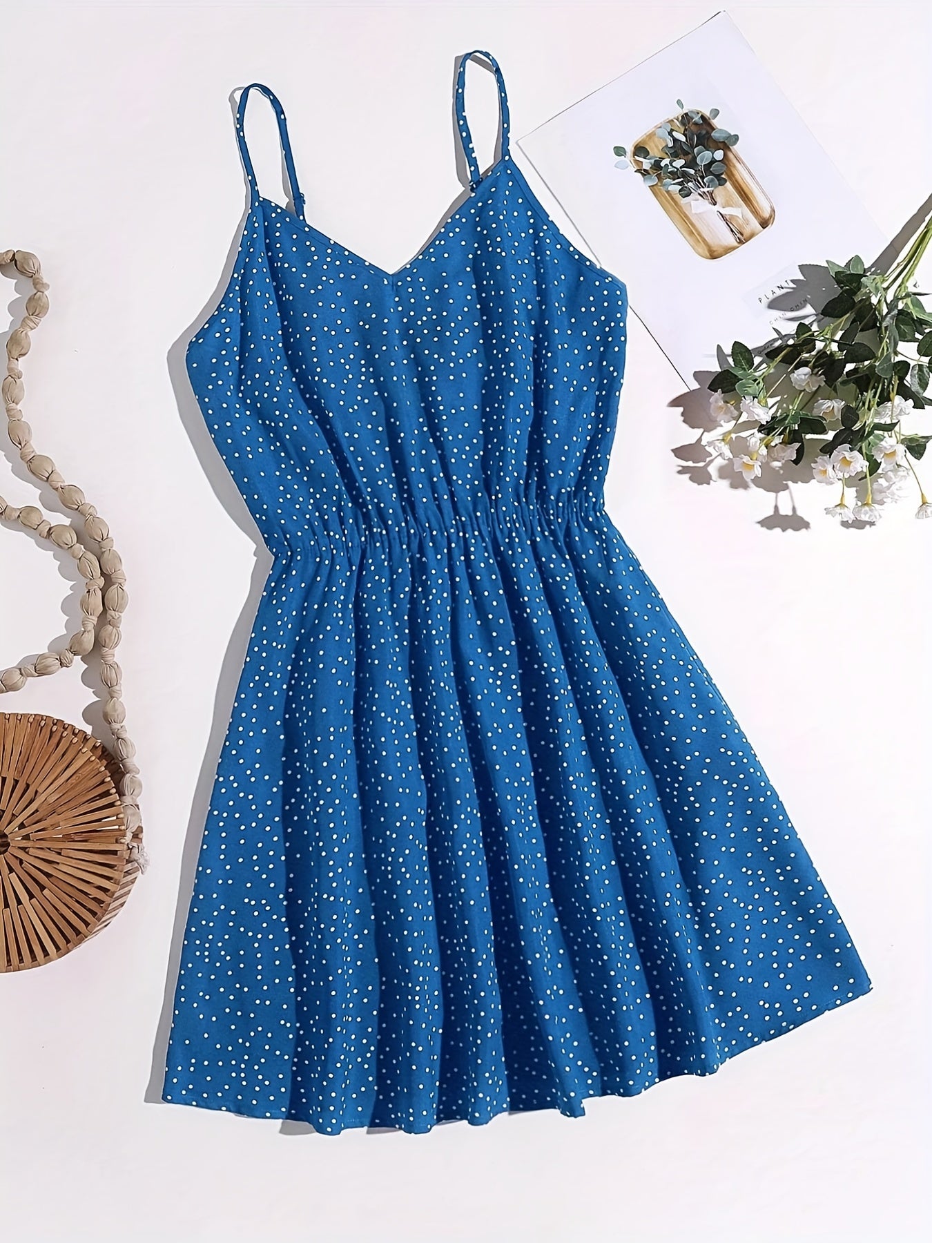 Polka Dot Spaghetti Strap Dress Casual V neck Backless Cami Dress