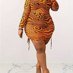 Abstract Stripe Print Side Tie Ruched Bodycon Midi Dress
