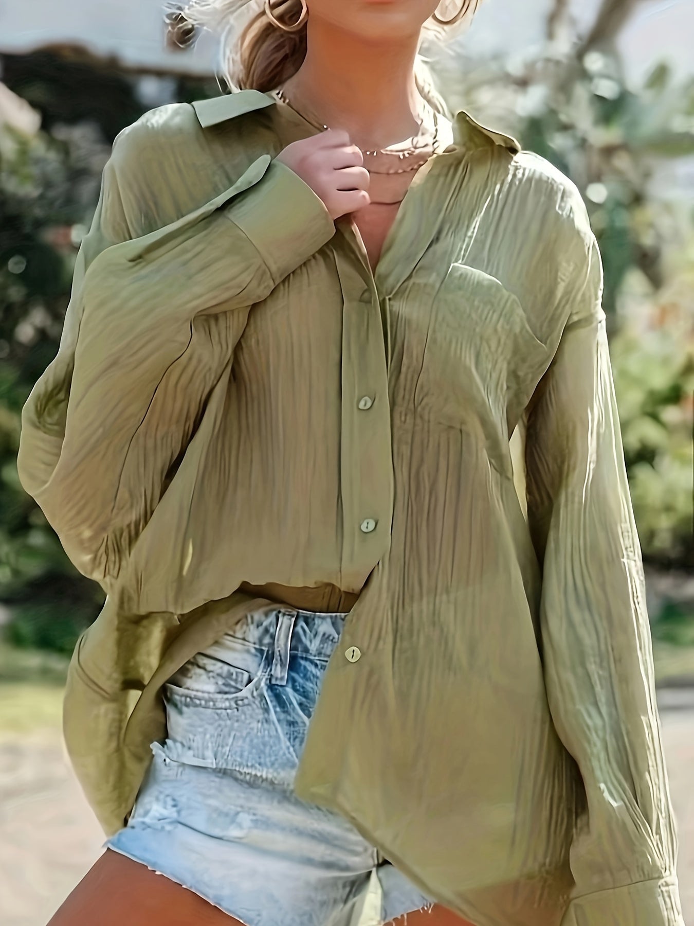 Solid Button Up Long Sleeve Blouse