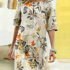 Floral Print Half Sleeve Notched Neck Dress