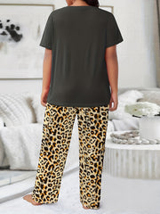 Leopard Cat Graphic Pajama Set Short Sleeve Tee & Wide Leg Pants