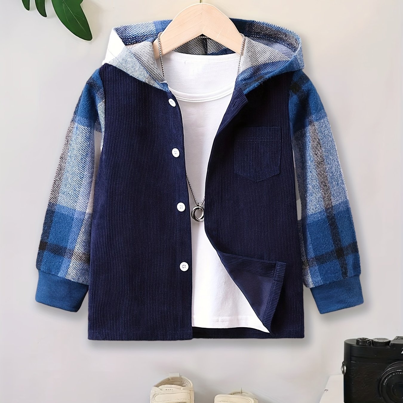 Boys Plaid Hooded Button Down Jacket