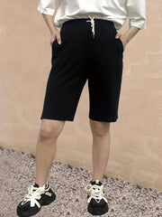 Solid Drawstring Lace Up Shorts Elastic Waist Knee Length Summer Shorts