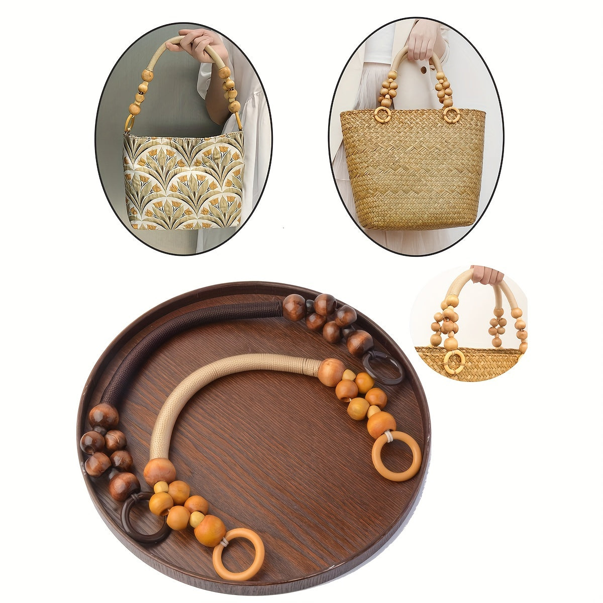 Vintage Woven Wood Beads DIY Bag Handle Ethnic Style Purses Accessories