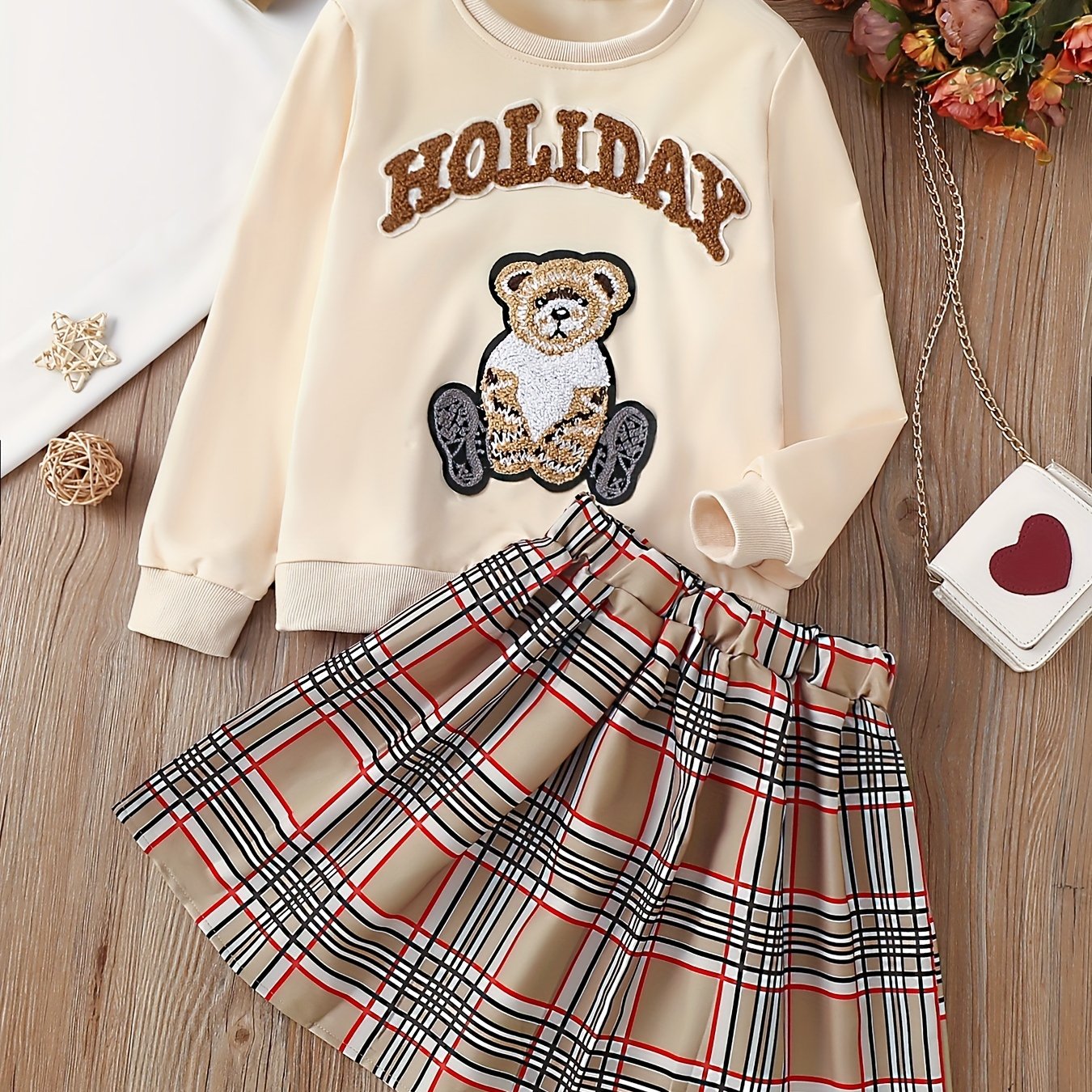 Cartoon Bear Embroidery Sweatshirt & Plaid Skirt Set for Holiday Party