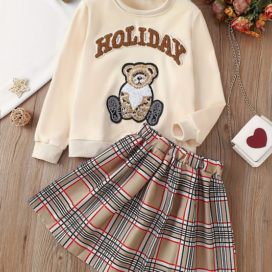 Girls Bear And Letter Patched Sweatshirt Top & Plaid Skirt Set