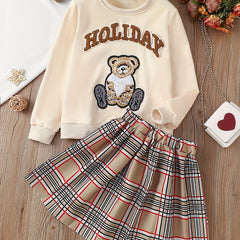 Cartoon Bear Embroidery Sweatshirt & Plaid Skirt Set for Holiday Party