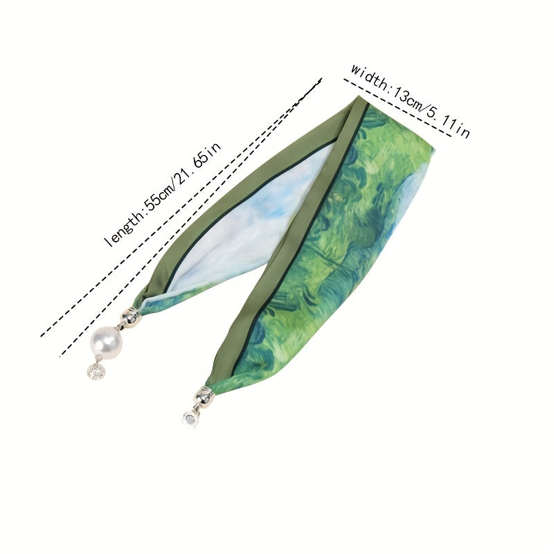 Oil Painting Print Scarf with Magnetic Buckle Silk Necklace