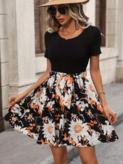 Floral Print Belted Dress Short Sleeve - Vacation Dress