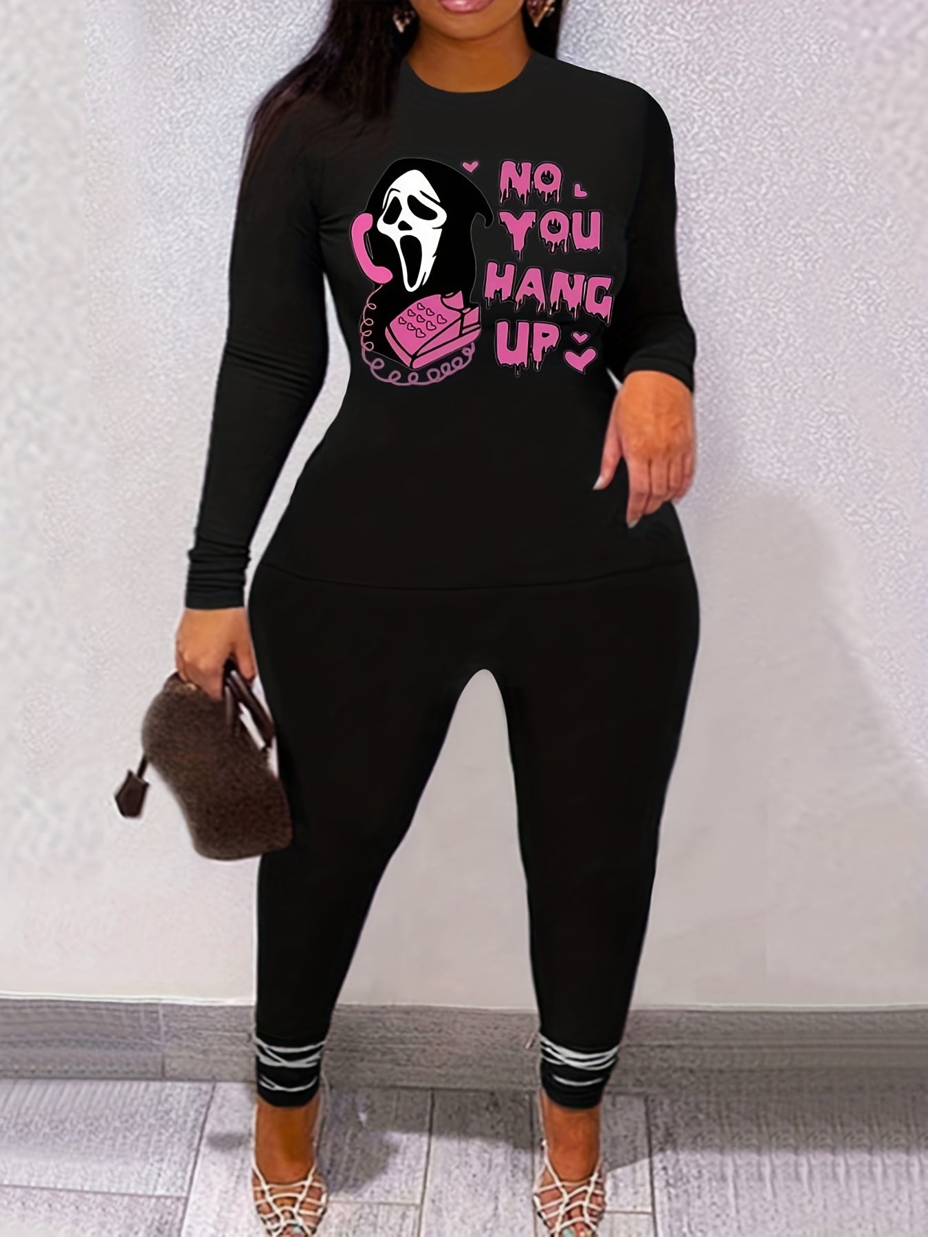 Letter Print Matching Set Long Sleeve T-shirt & Leggings Outfit