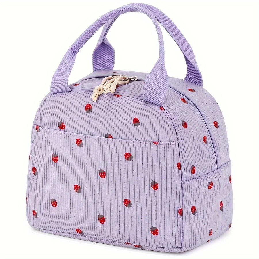 Corduroy Lunch Bag Strawberry Thermal Tote Large Capacity Cooler