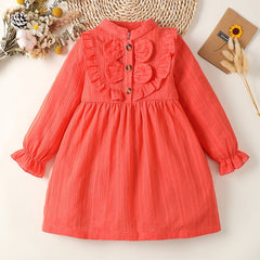Girls Solid Ruffle Long Sleeve Shirred Dress