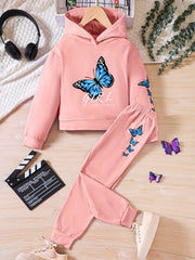 Butterfly Graphic Hoodie and Jogger Pants Sports Suit for Girls