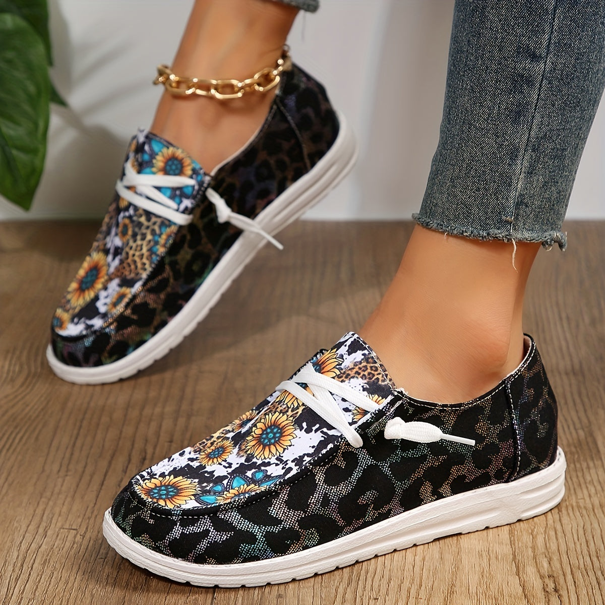 Women's Sunflower & Leopard Print Low Top Walking Shoes Lightweight