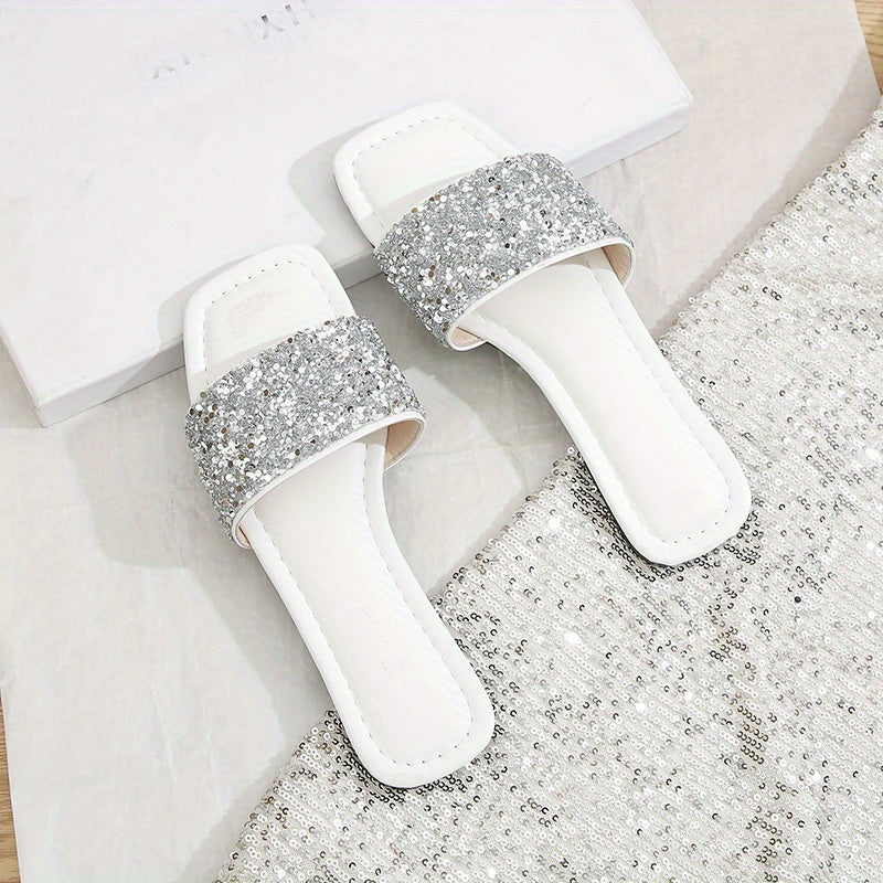 Sequins Flat Slippers Glitter Open Toe Non slip Casual Square Toe Slippers