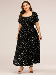 Polka Dot Square Neck Puff Sleeve Maxi Dress - Plus Size