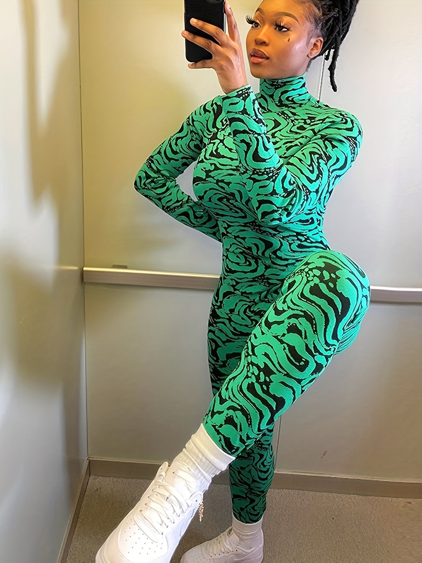 Turtleneck Jumpsuit Long Sleeve Allover Print Casual