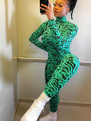 Turtleneck Jumpsuit Long Sleeve Allover Print Casual