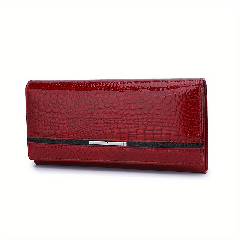 Crocodile Pattern Leather Wallet Button Closure Flap Pocket