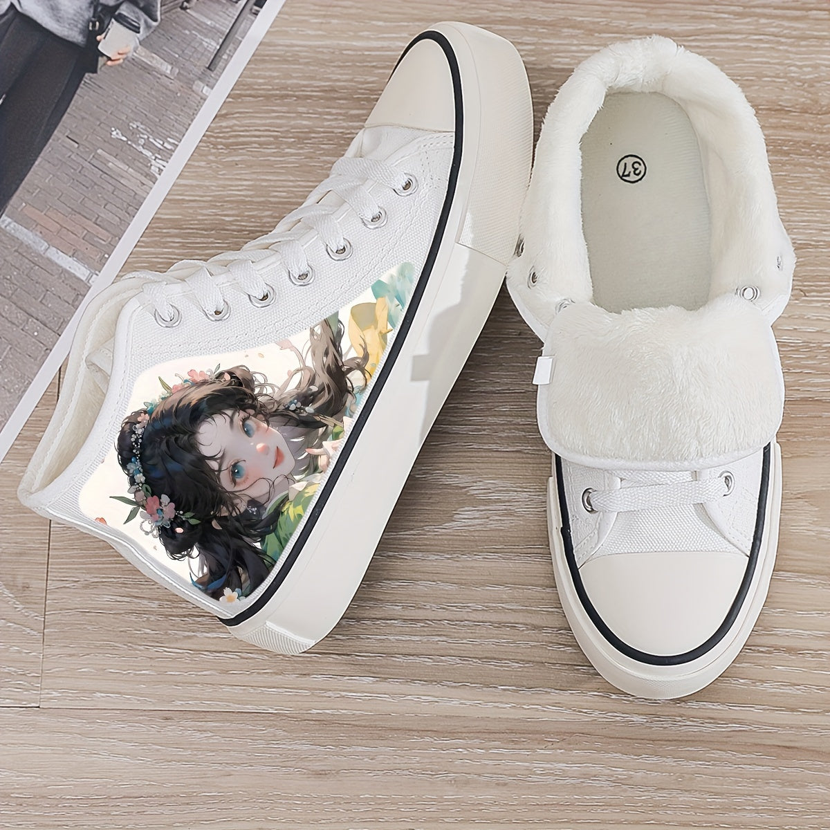 Anime Girl Print Plush Lined Chunky Canvas Sneakers