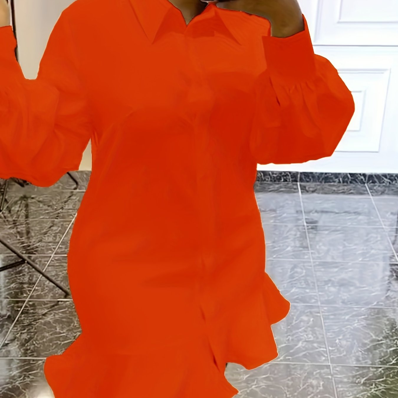 Plus Size Lantern Sleeve Shirt Dress with Ruffle Trim