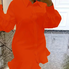 Plus Size Lantern Sleeve Shirt Dress with Ruffle Trim
