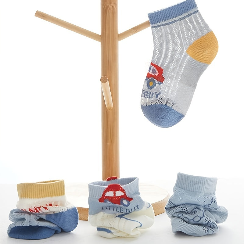 5 Pairs Cartoon Car Patterned Mesh Socks for Summer & Spring
