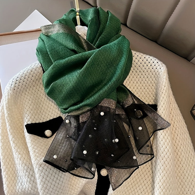 Faux Pearl Decor Chiffon Scarf Silk Shawl Block Head Wrap Hijab