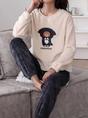 Bear Print Fuzzy Lounge Set Long Sleeve Top & Elastic Waistband Pants