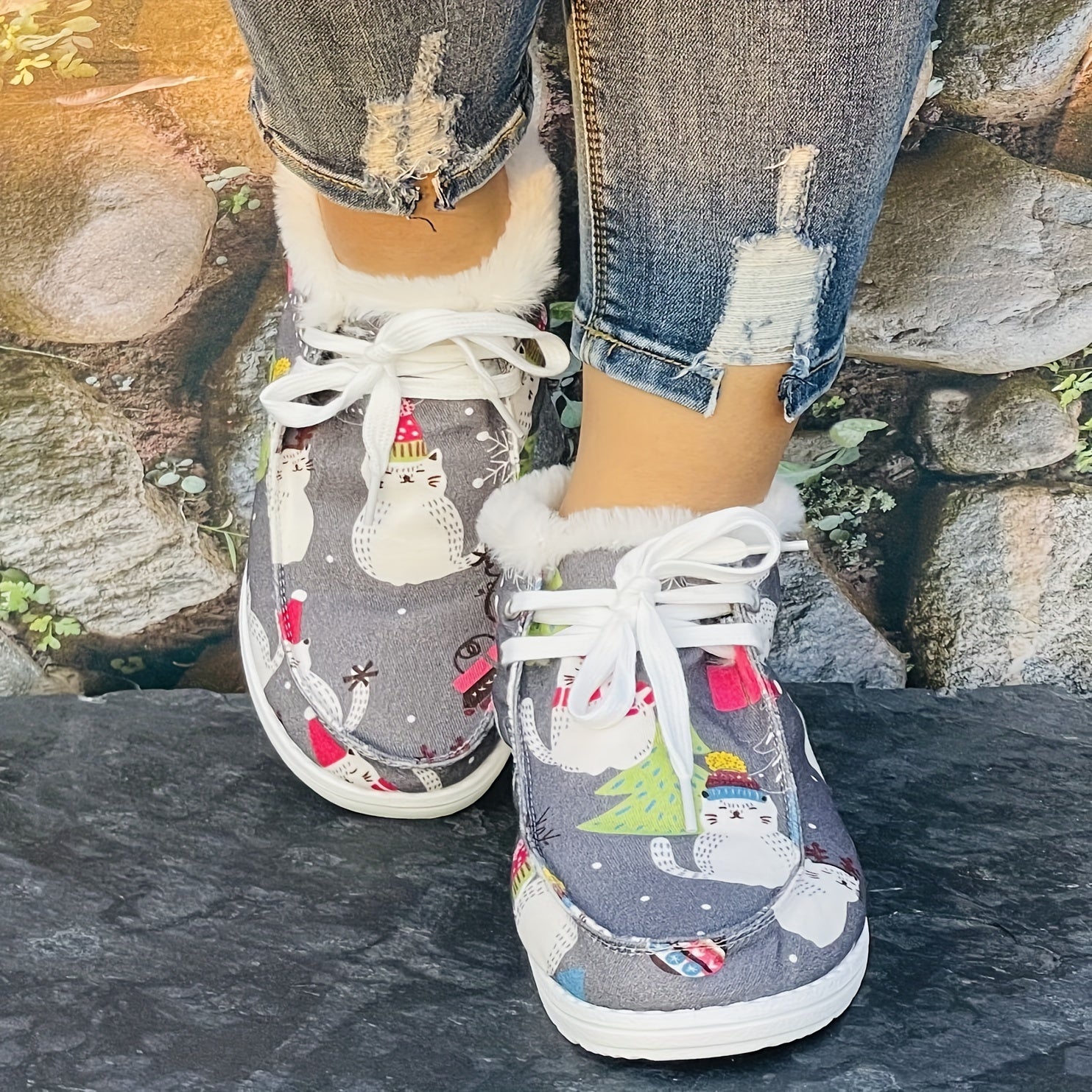 Christmas Tree & Cat Cartoon Pattern Women's Warm Flat Boots