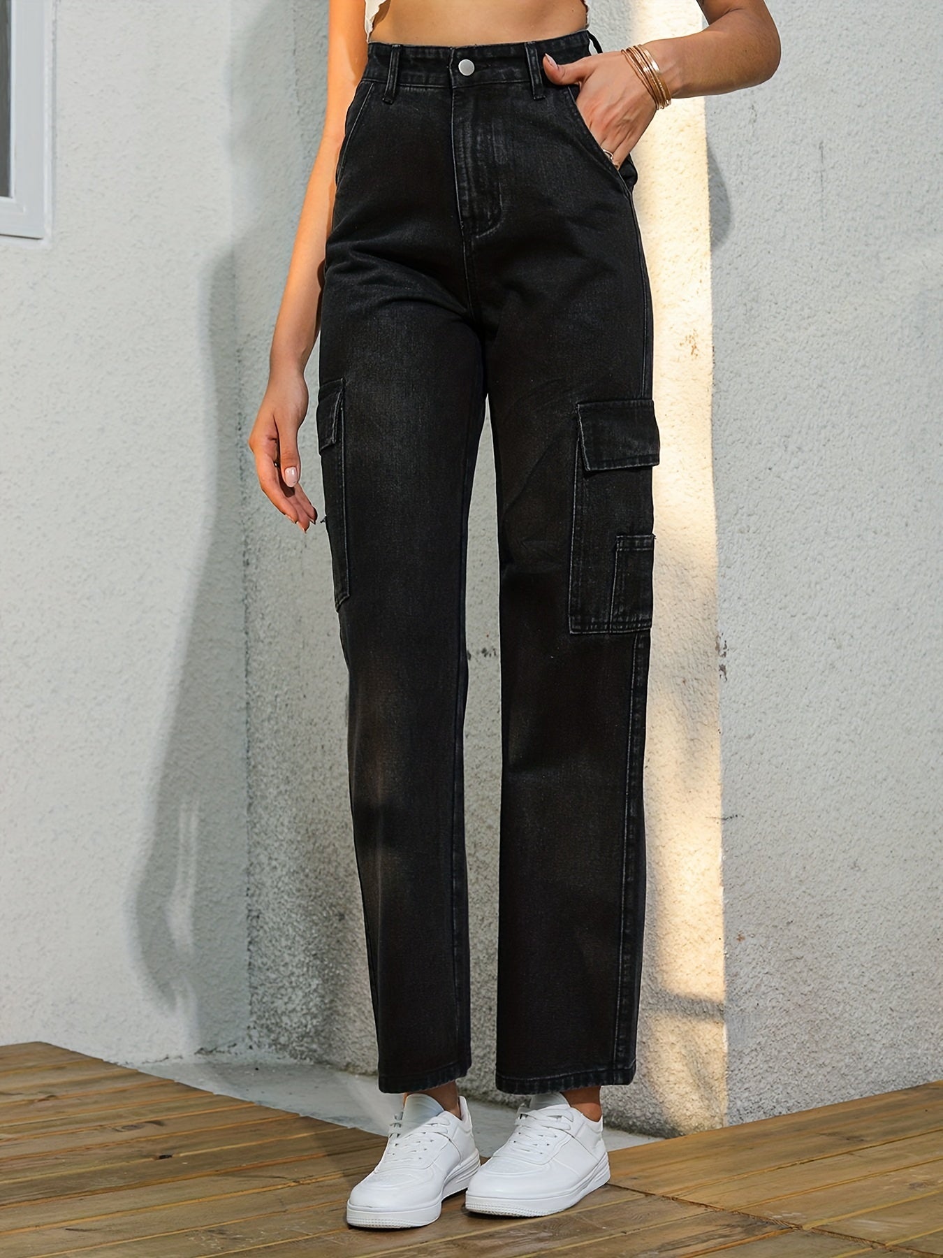High Rise Denim Pants Solid Slash Pocket Straight Leg Jeans