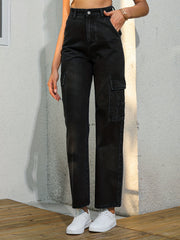 High Rise Denim Pants Solid Slash Pocket Straight Leg Jeans