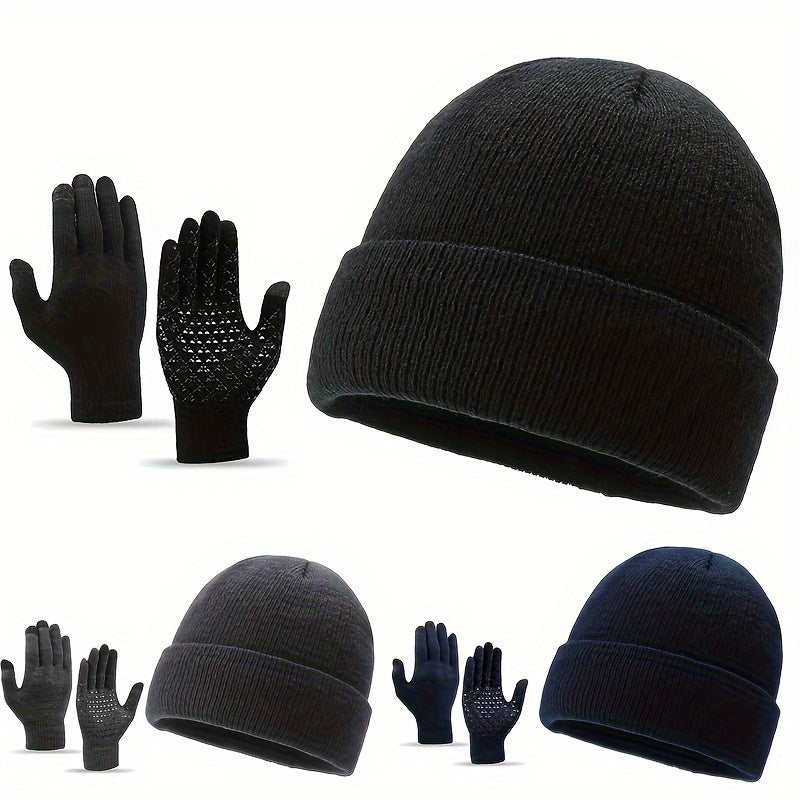 Winter Warm Hat & Gloves Set Knitted Beanie Anti Slip Gloves