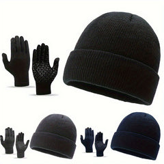 Winter Warm Hat & Gloves Set Knitted Beanie Anti Slip Gloves