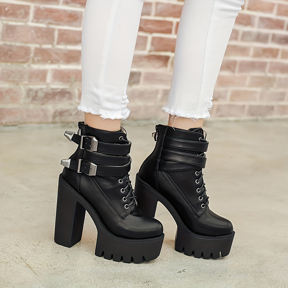Women's Platform Block Heel Boots Lace Up Ankle Motorcycle Boots