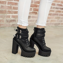 Women's Platform Block Heel Boots Lace Up Ankle Motorcycle Boots