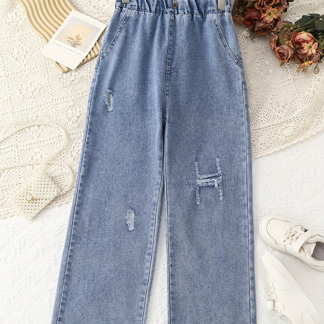 Girls' Casual Ripped Jeans Elastic Waist Wide Leg Denim Pants