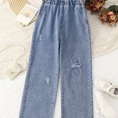 Girls' Casual Ripped Jeans Elastic Waist Wide Leg Denim Pants