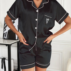 Heart Embroidered Pajama Set Satin Button Down Top & Shorts for Women