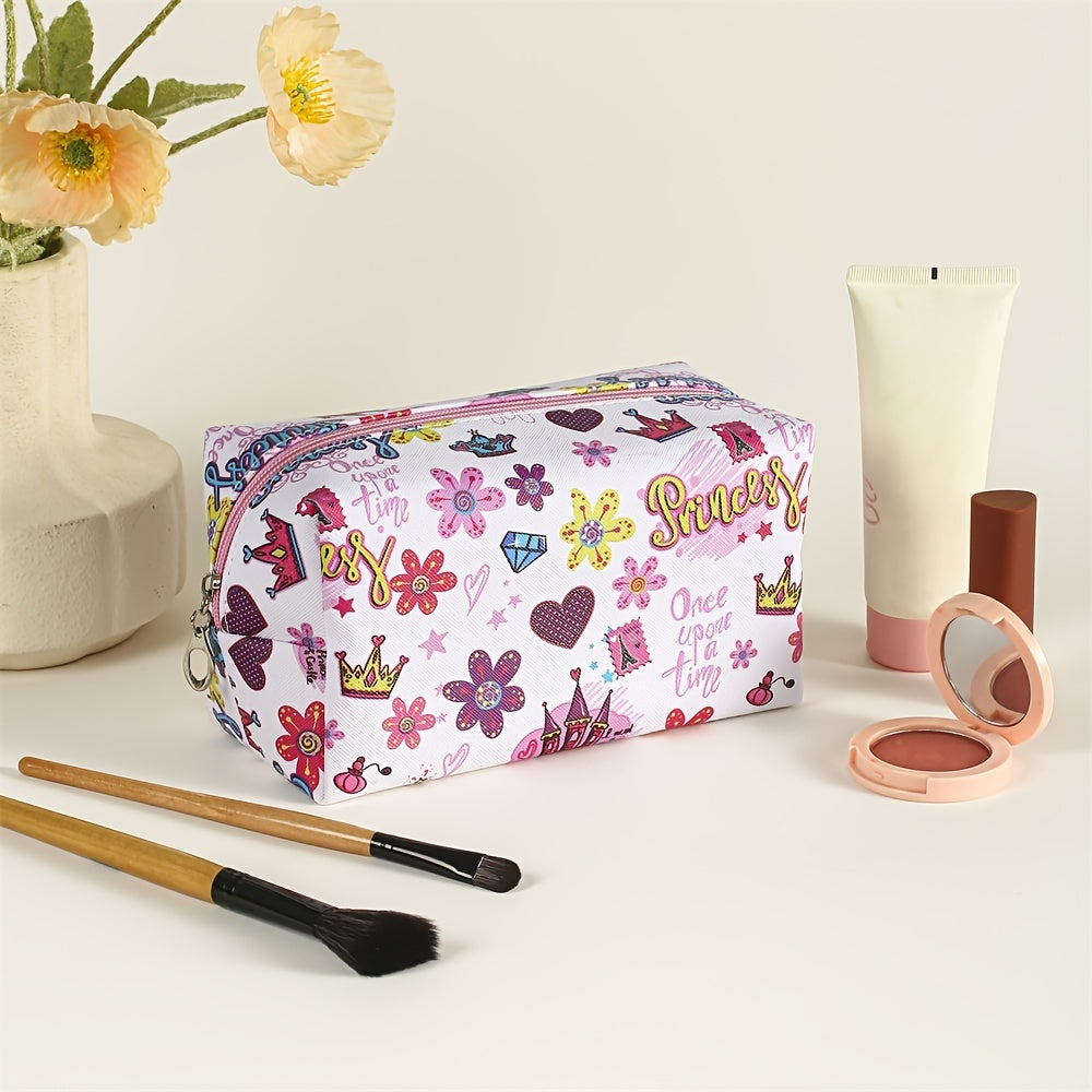 Flower Crown Diamond Pattern Makeup Bag Roomy Square PU Style Makeup Pouch