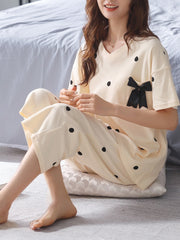 Polka Dot Pajamas Set Soft Bow Short Sleeve Crew Neck Top & Cropped Pants