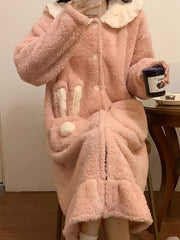 Bunny Fuzzy Night Robe Long Sleeve Ruffle Robe With Pockets