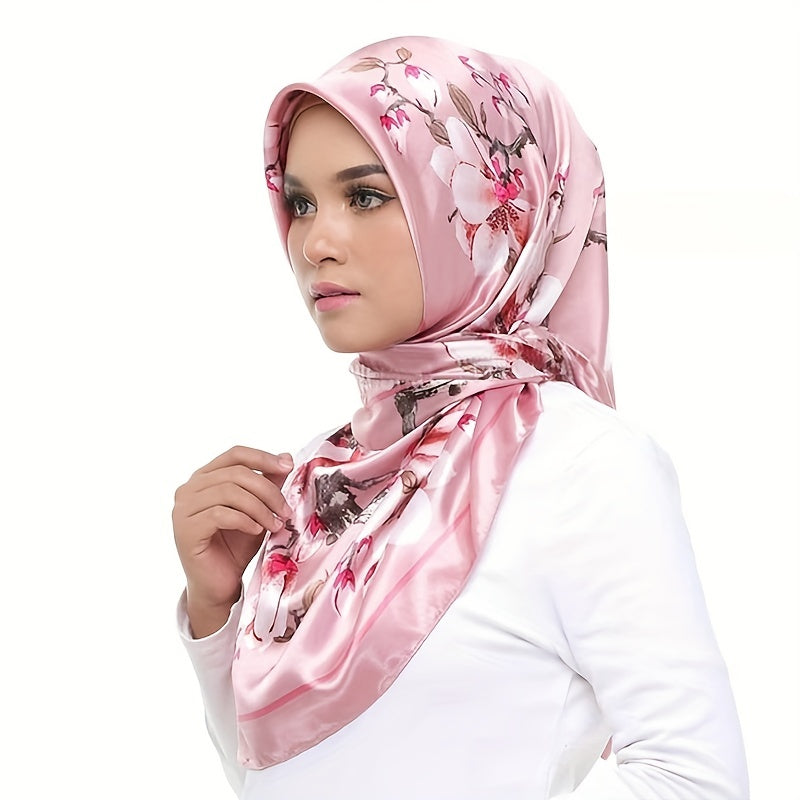 Peach Blossom Print Silk Bandana Satin Scarf for Women